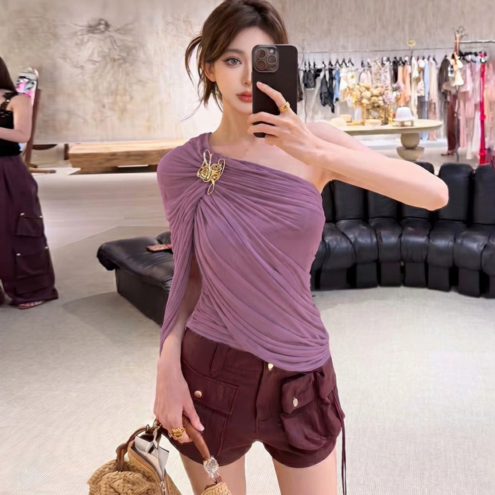 Zara Summer Mesh Pleated One Shoulder Slim Fit Creative Top